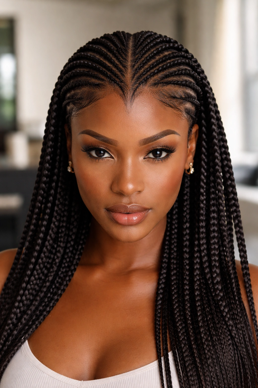 Cornrows with a deep V-part at the center on a real woman