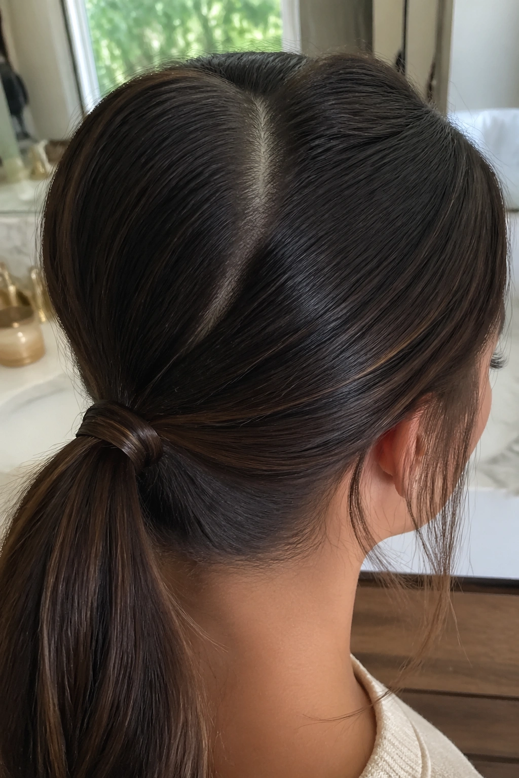 Close-up crown with center V part and wrap in a low ponytail