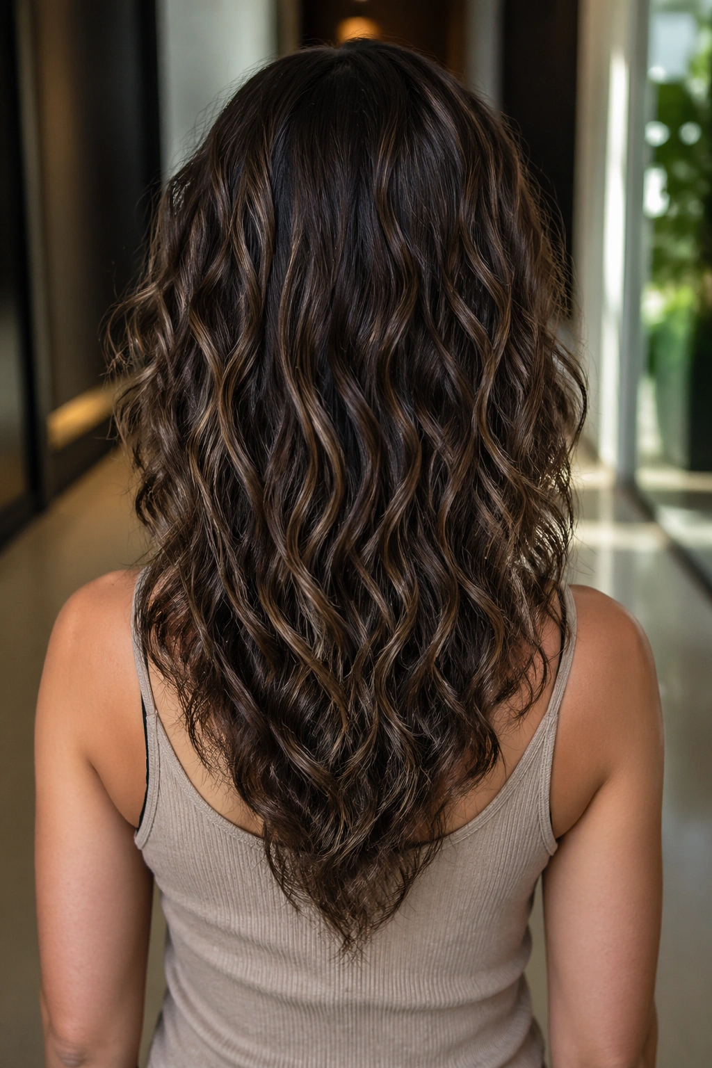 Back view of a real woman with a V-shaped cut at the nape