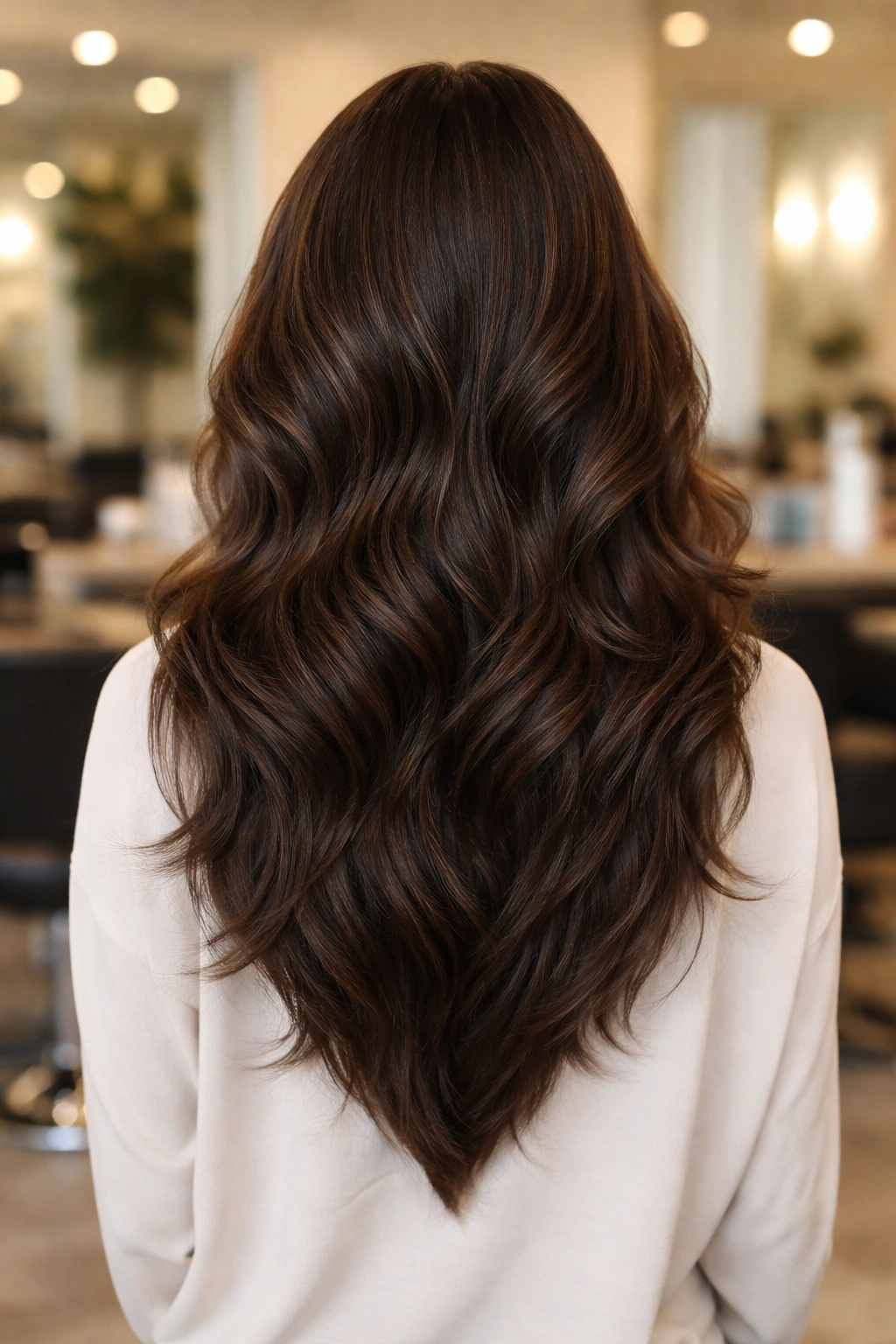 Rear three-quarter portrait showing V-shaped layers in back of hair.