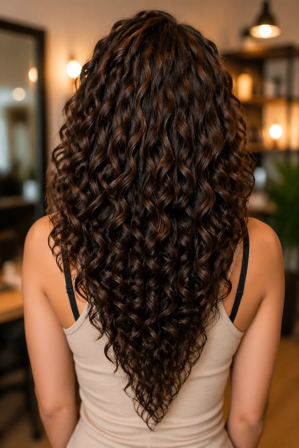 Back view of a real woman with V-shaped layers keeping the back long.