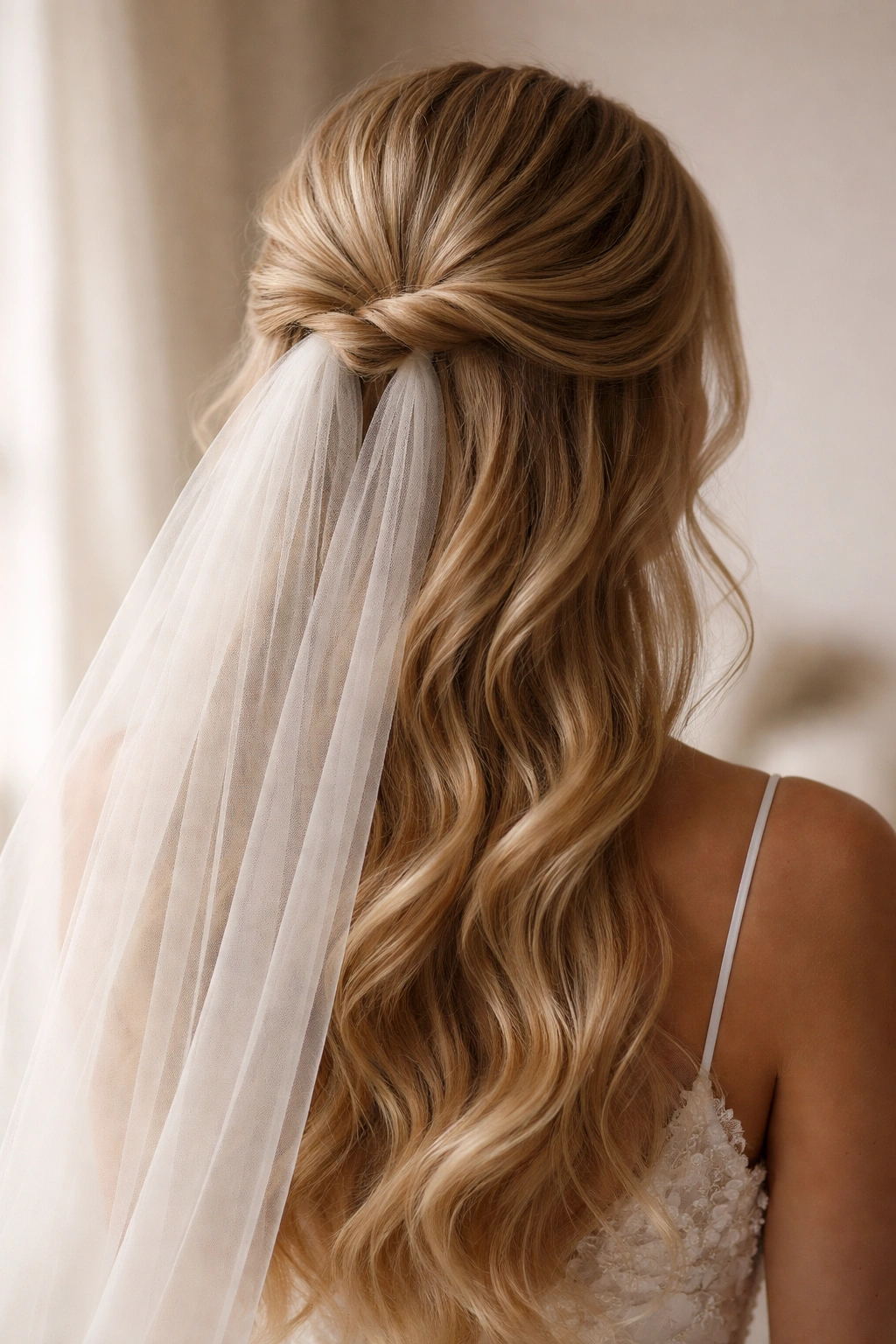 Half-up hairstyle with veil anchor securing a veil