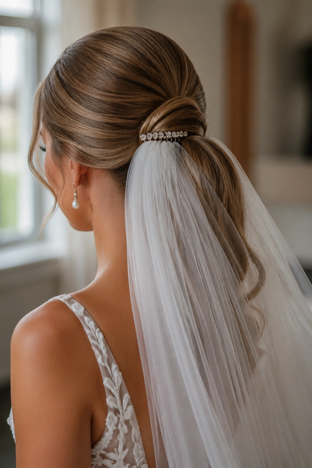 Bride with veil anchored ponytail and veil comb above the base