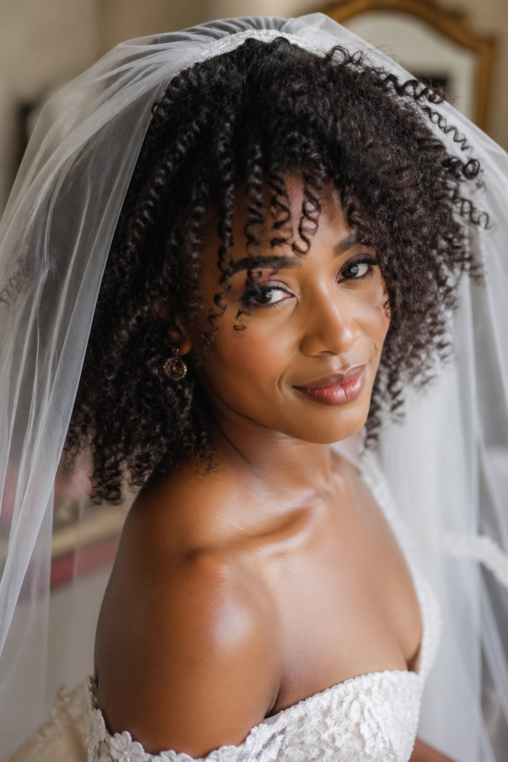 Close-up of a bride with natural curls and sheer veil in a warm bridal suite