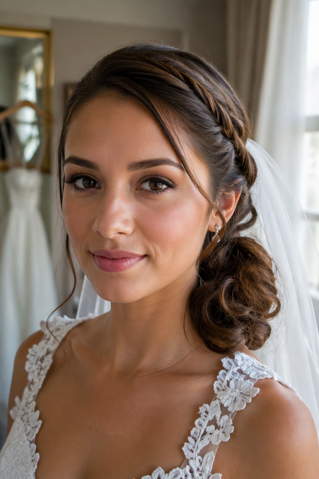 Close-up of bride with veil-friendly low braided ponytail