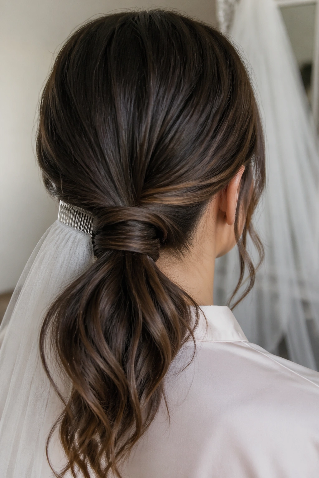 Back view of a real person with low ponytail suitable for veil