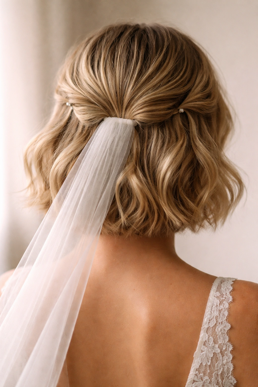 Pinned back sections on sides with center back open for veil placement