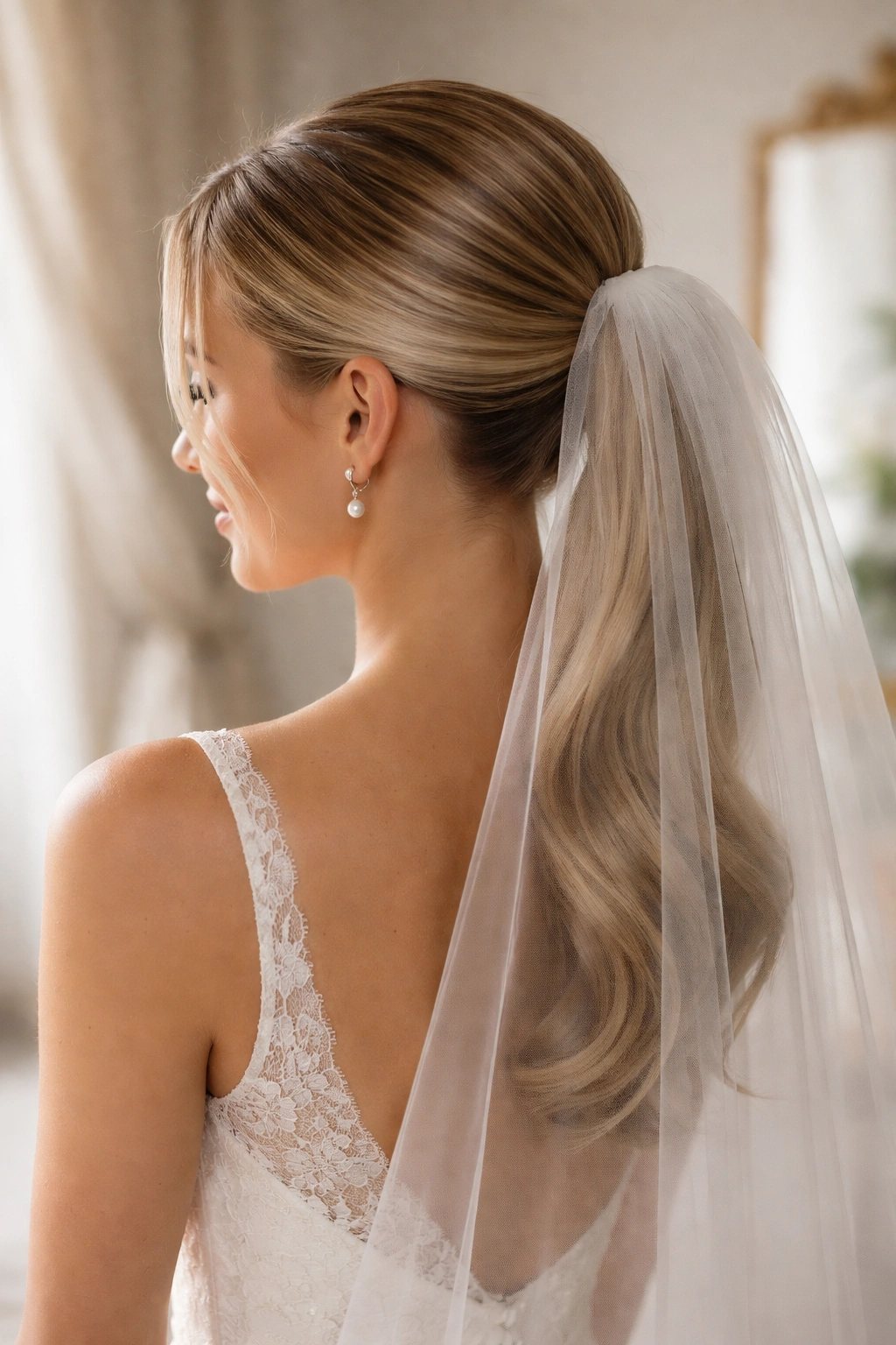 Real woman with a veil-friendly low ponytail and veil placement at the crown.