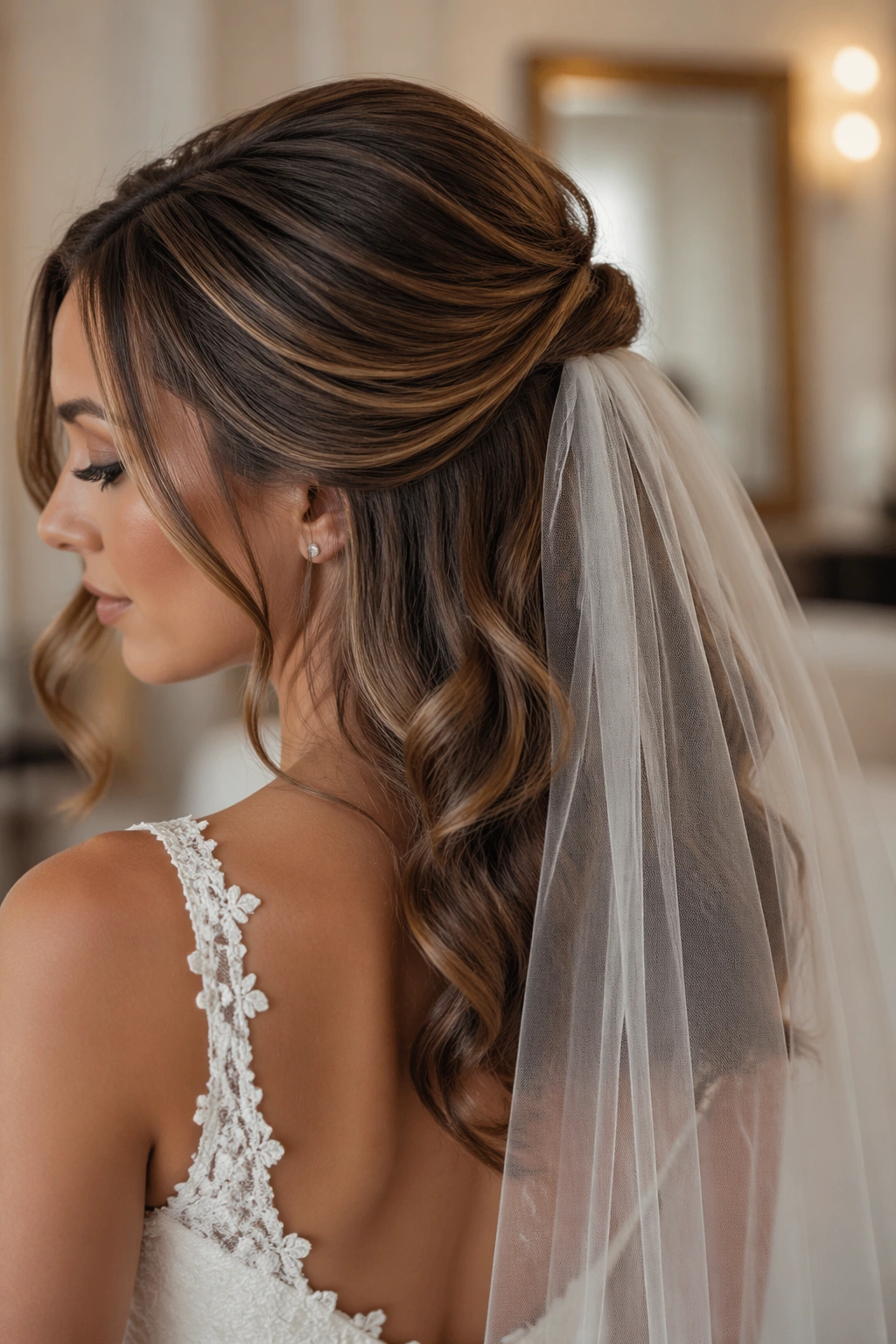 Bride with veil anchored under half-up hairstyle
