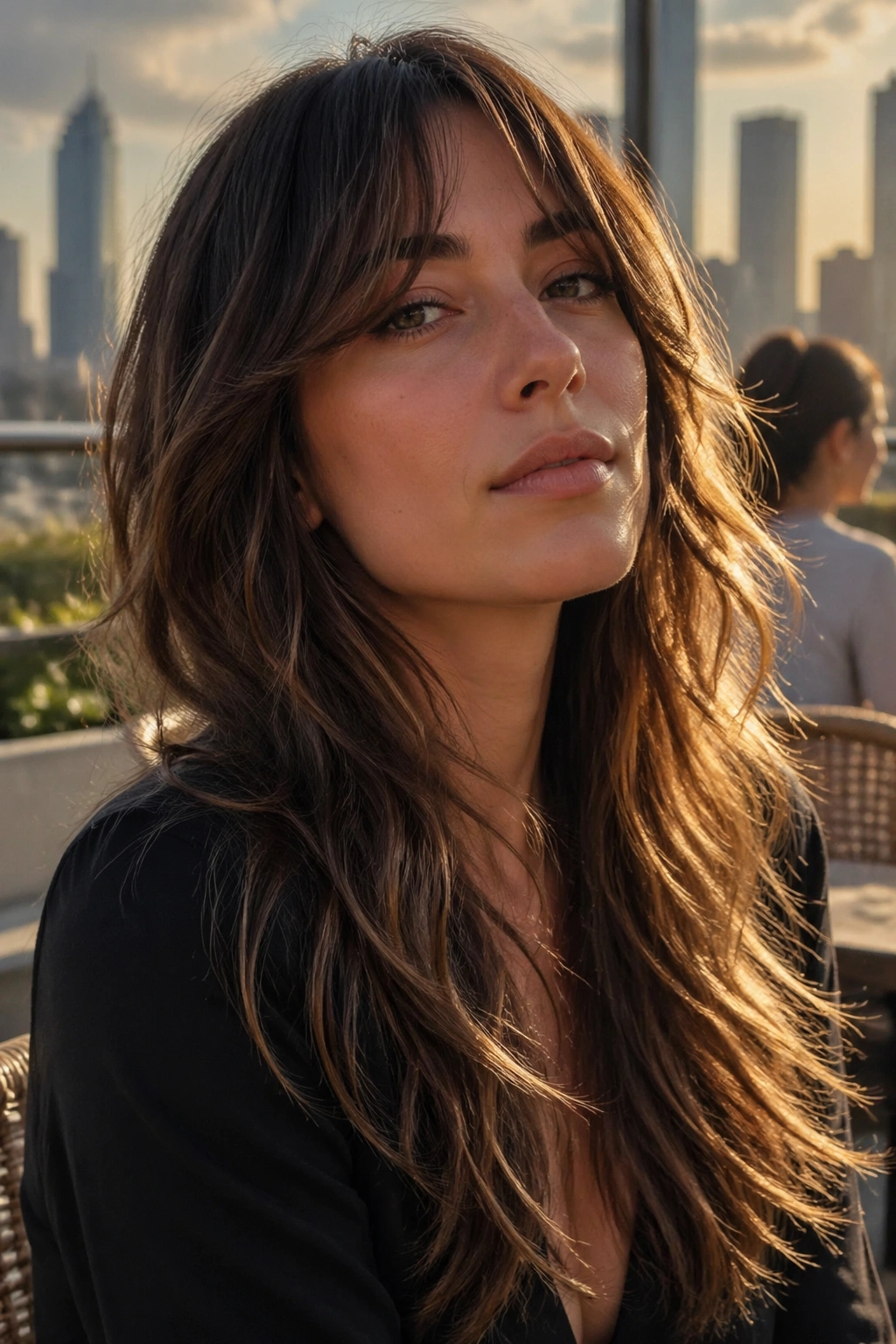 Close-up of a real woman with Long Veil-Layer Shag featuring soft veil layers on a rooftop at golden hour.