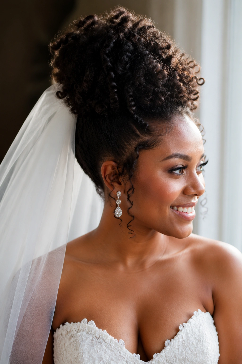 Bride with a high puff and veil starting at the crown