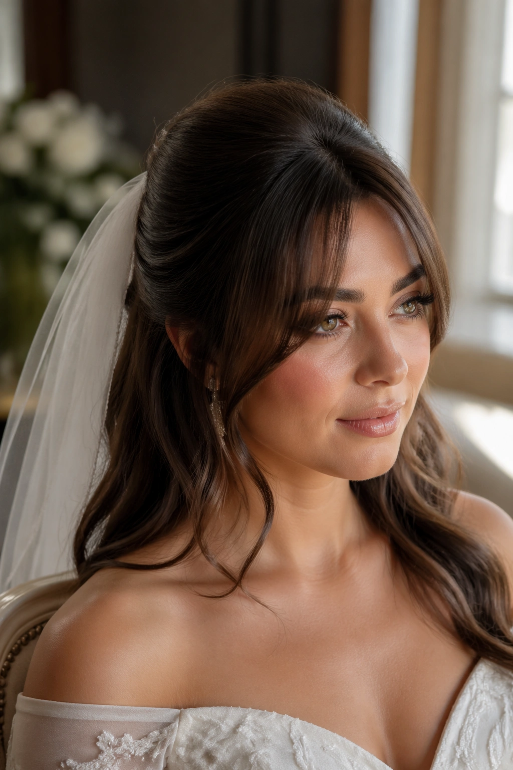 Close-up of a real bride with a crown puff and curtain bangs, veil attached under the puff.
