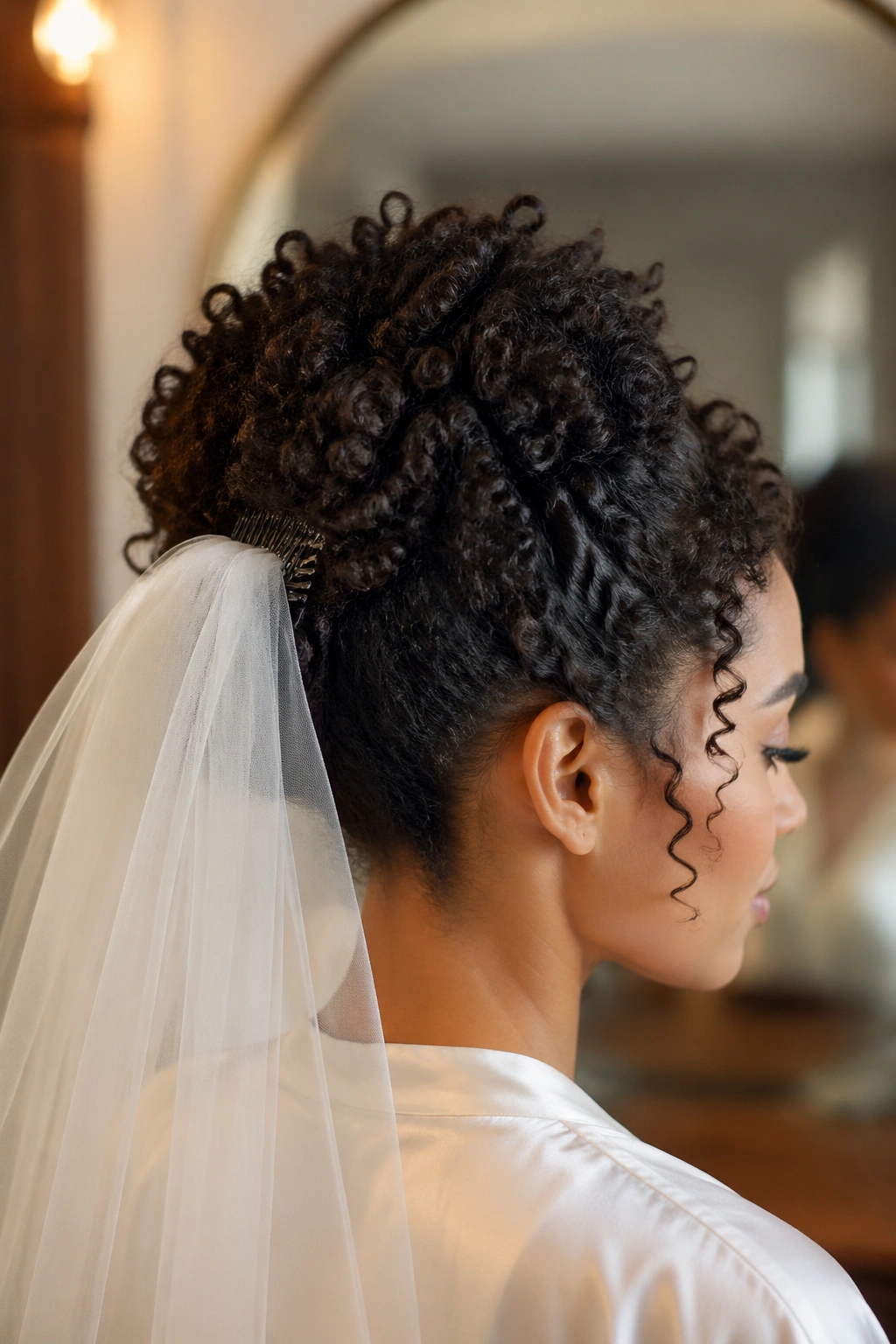 Close-up of a real woman with veil-ready natural updo in a bridal setting.