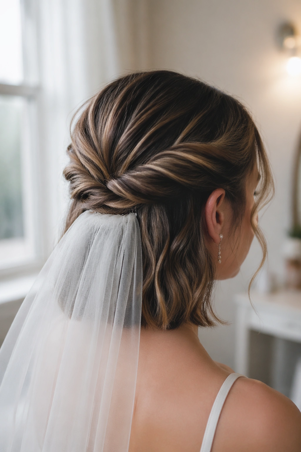 Close-up of Veil-Friendly Twist at the Back hairstyle with veil comb tucked under the twist on a real bride.