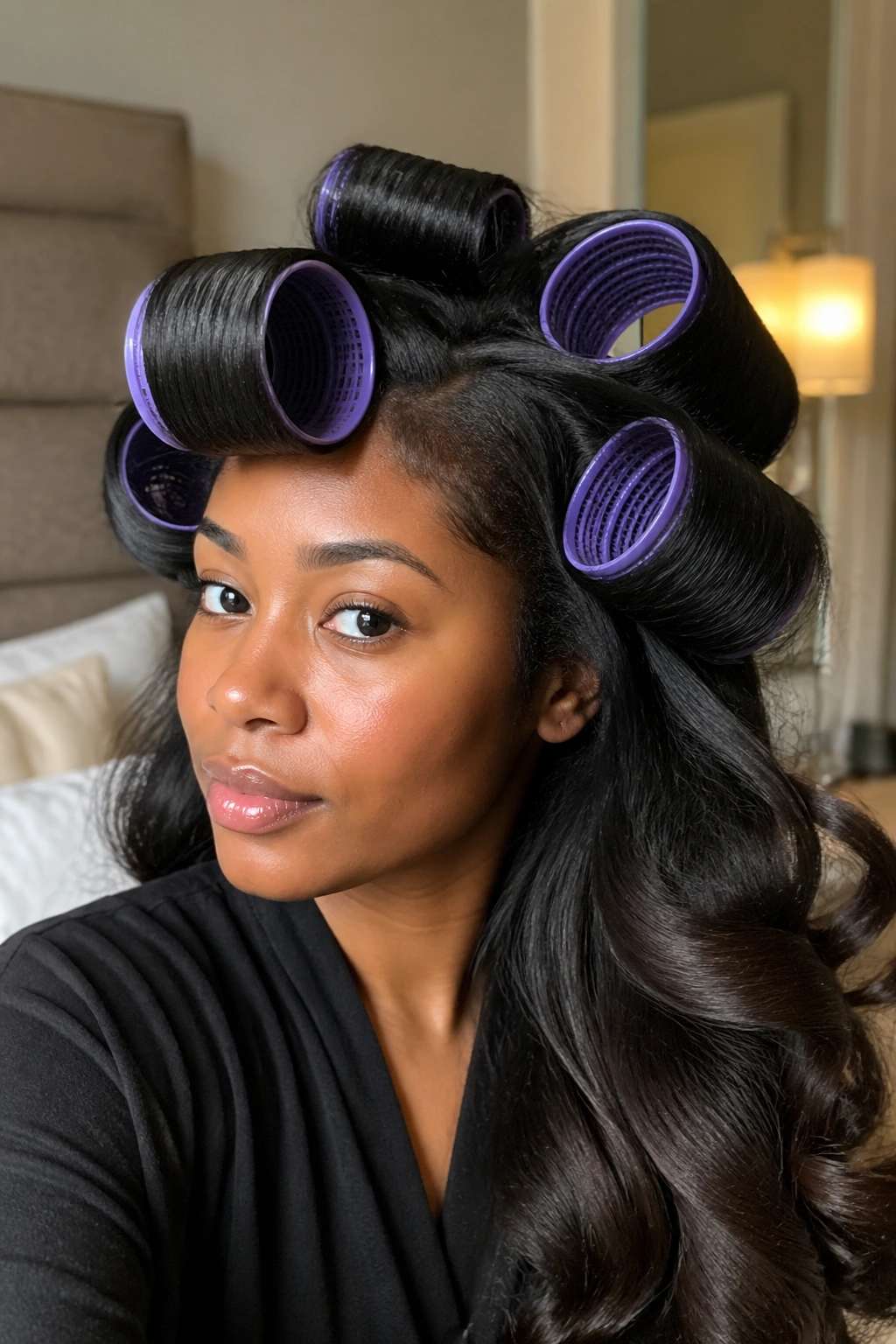 Long silk-pressed hair in large Velcro rollers on a real person.