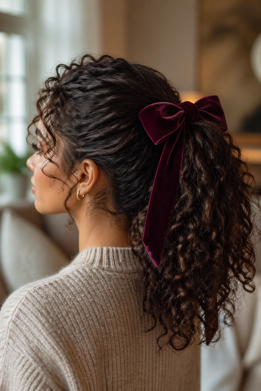 Close-up of a woman with a velvet bow ponytail and thick tail