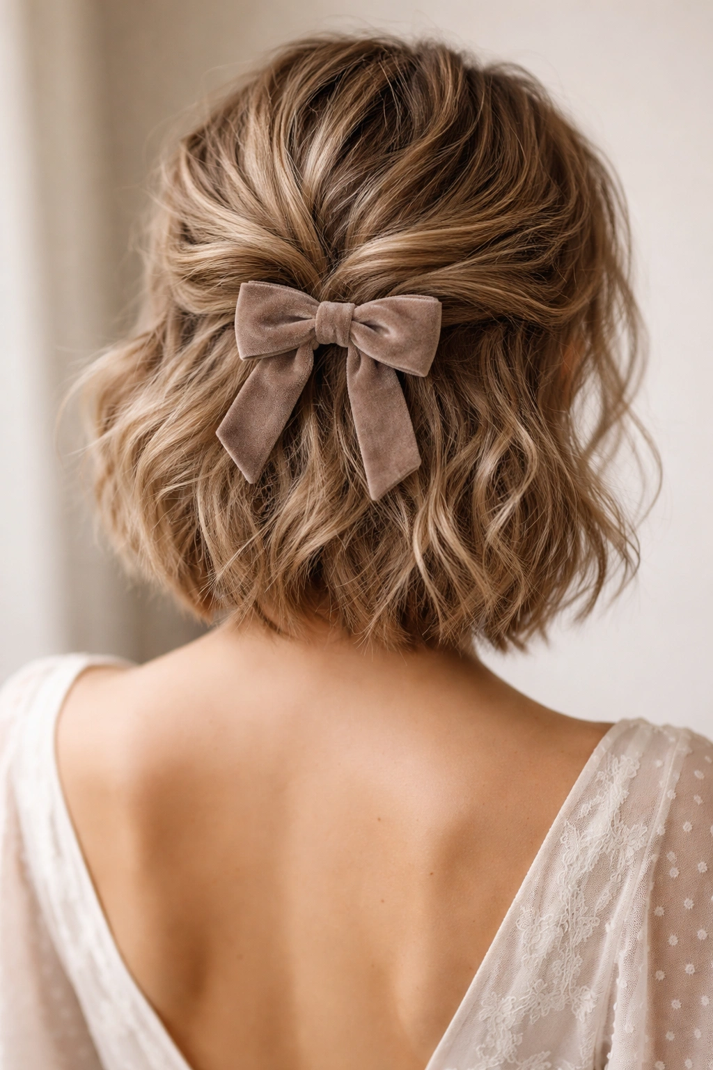 Half-up hairstyle with a small velvet bow and soft volume