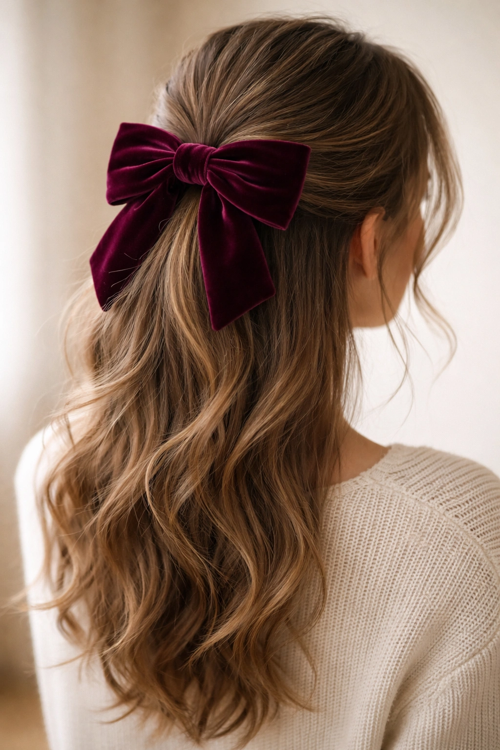 Velvet bow half up ponytail with deep wine bow and loose waves