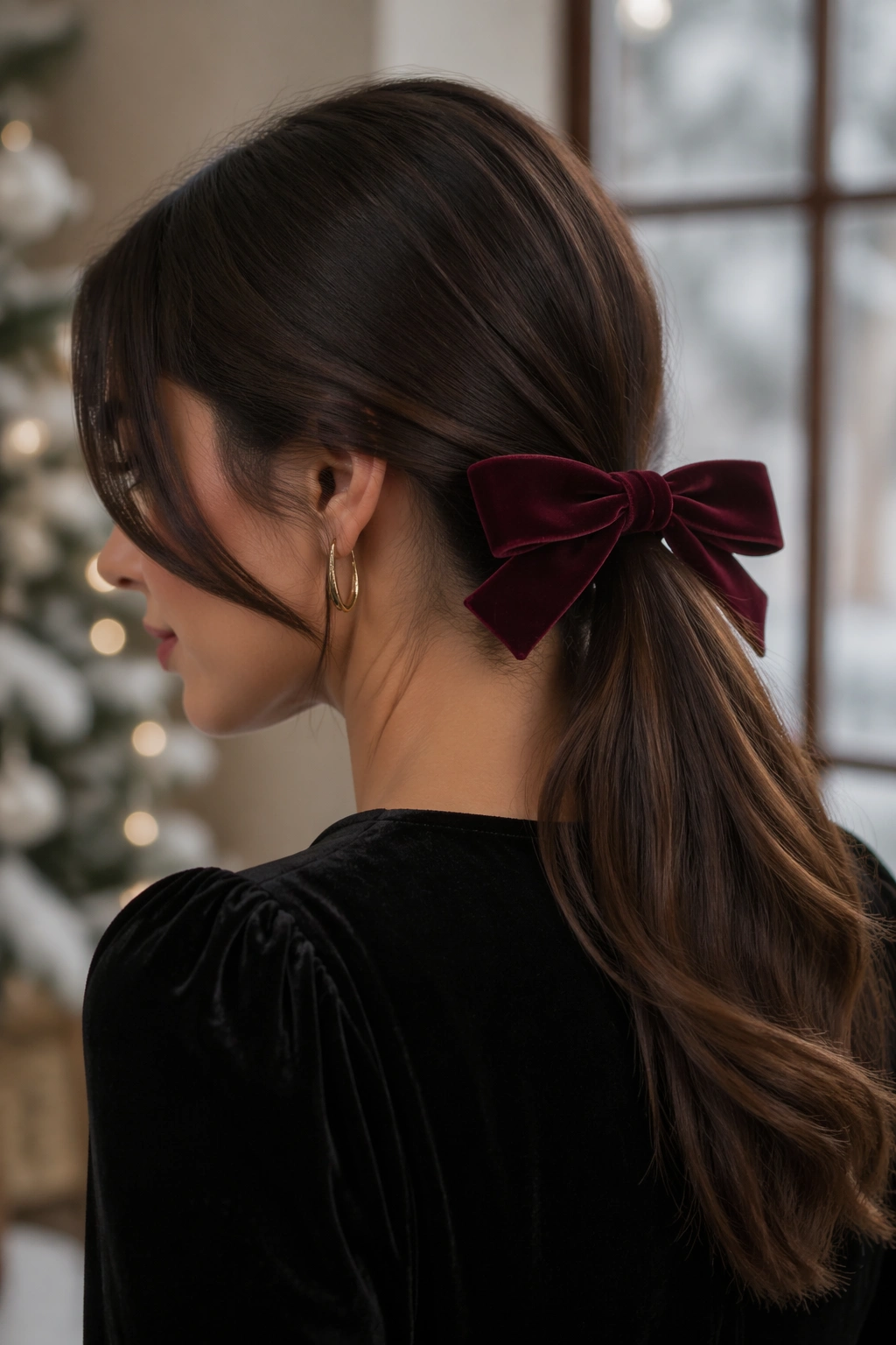 Close-up of a real woman with a velvet bow ponytail, low ponytail with a velvet bow above the elastic.