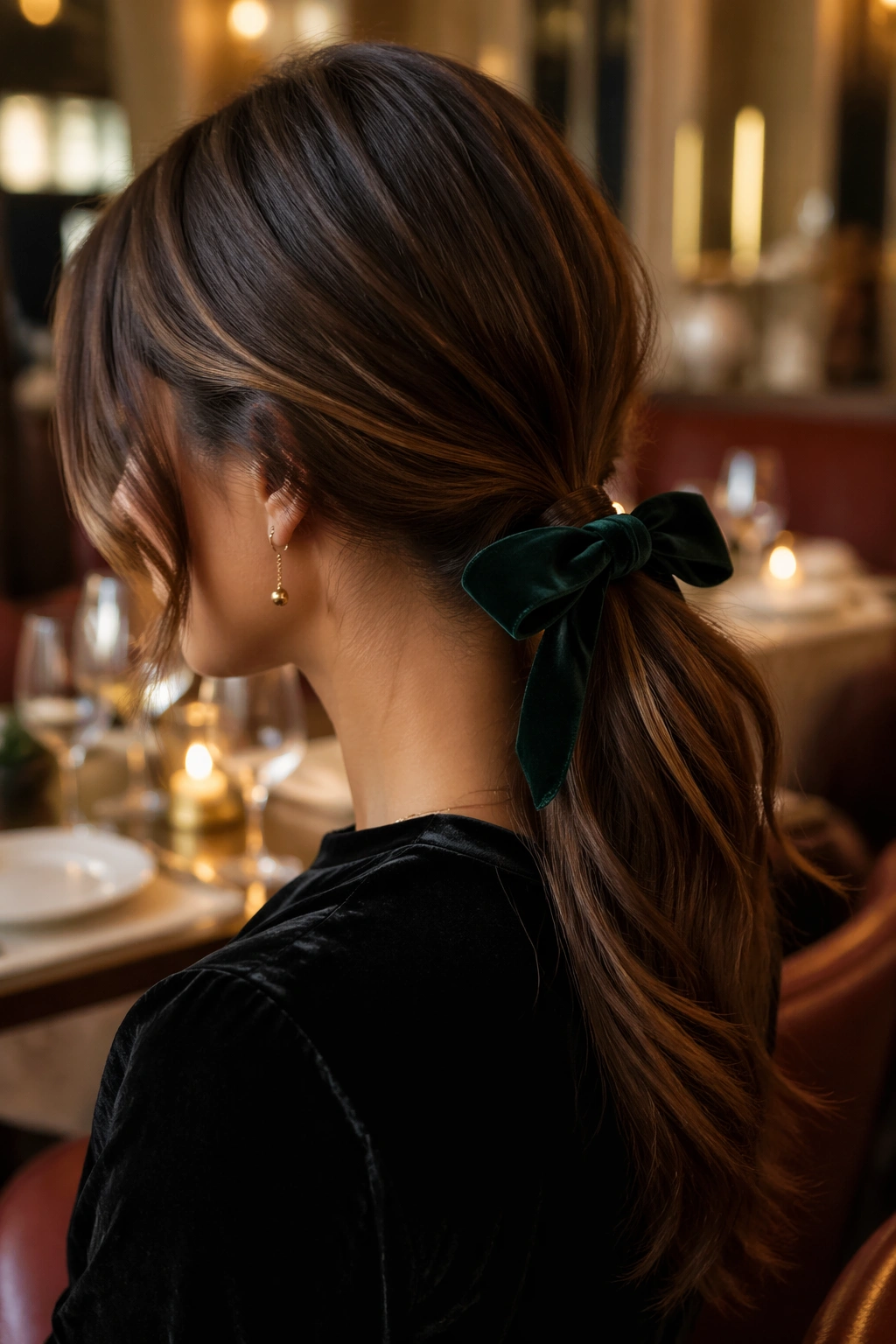 Close-up of a woman with a low ponytail accented by a velvet bow at the base.