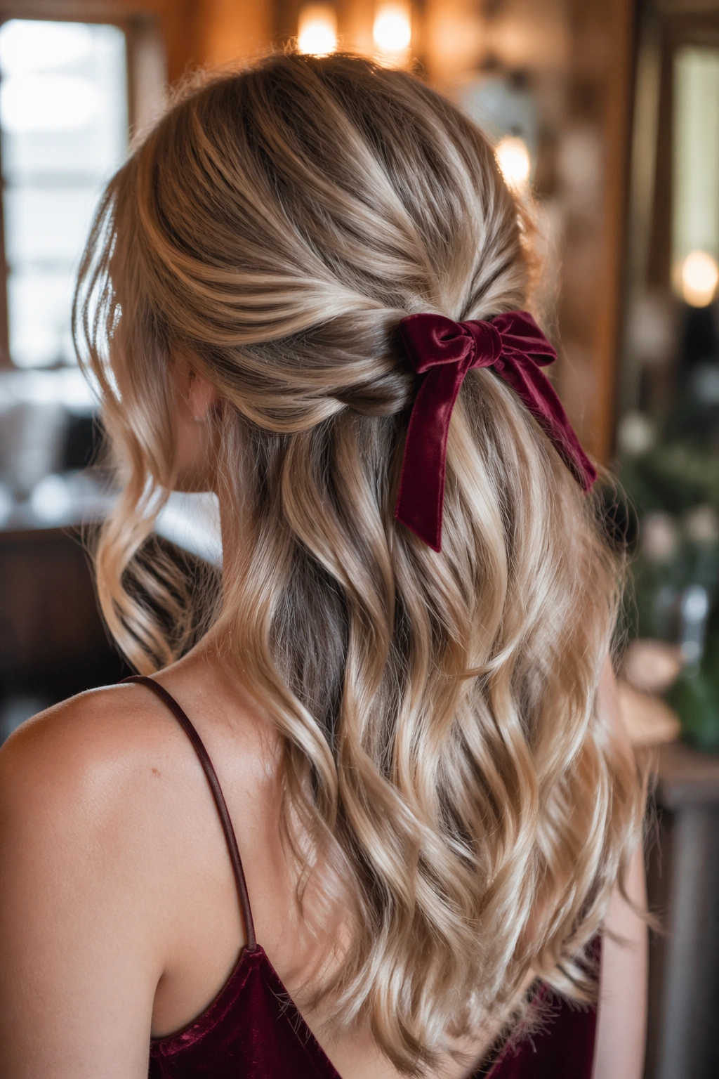 Close-up of a real woman with loose waves and a velvet bow