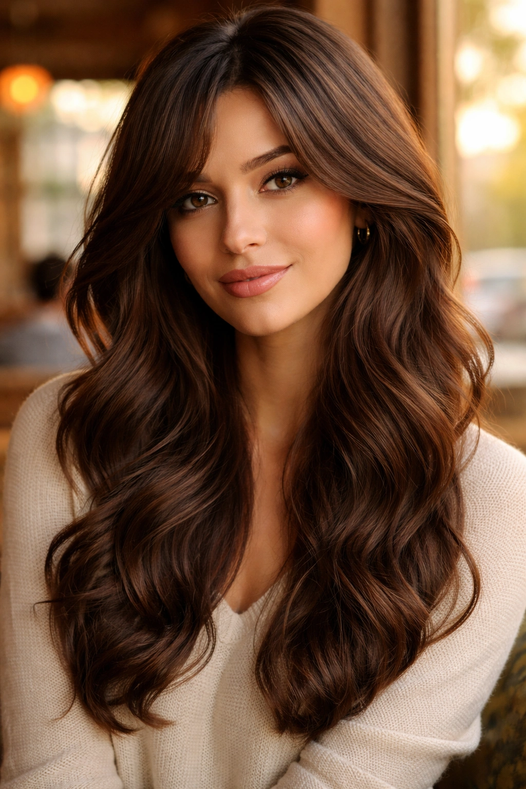 Portrait of a woman with velvet brown waves and side-bent curtain fringe in warm cafe light