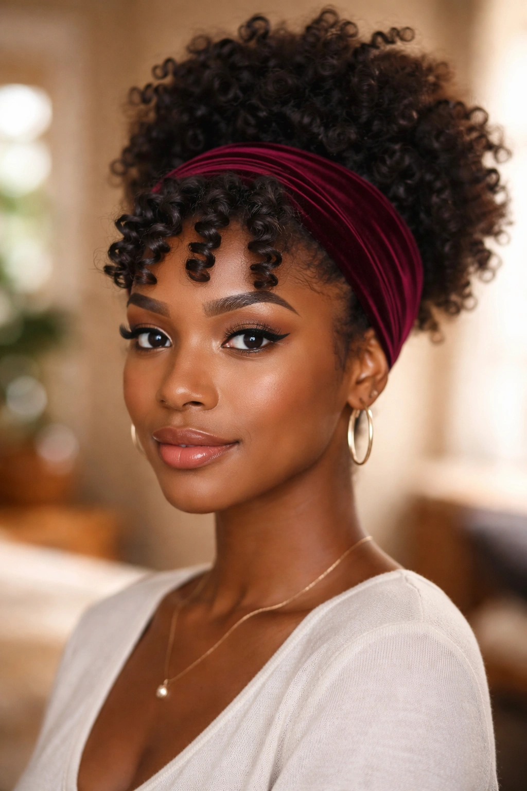 Close-up of real person with velvet headband and pinned front curls.