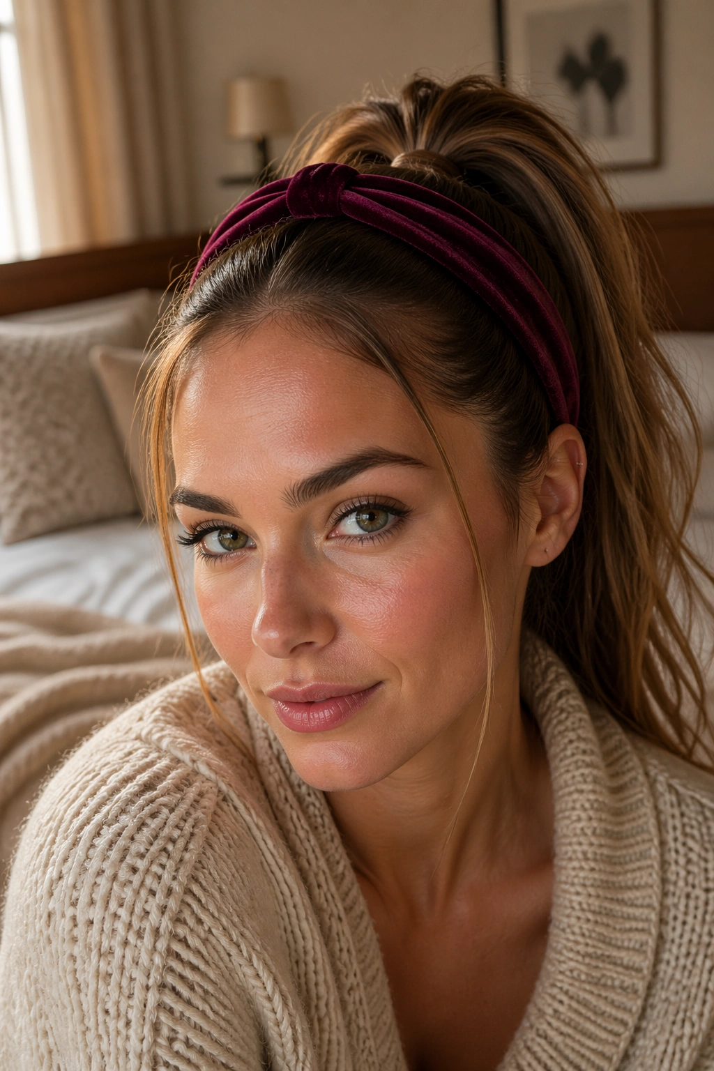 Close-up portrait of a real person with a velvet headband high ponytail in a warm setting.