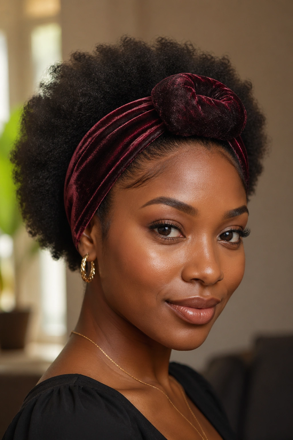 Real person wearing velvet headband with puff in front against an afro background