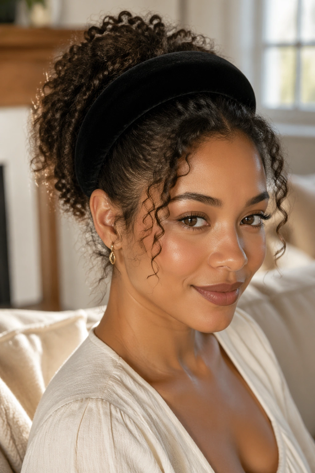 Close-up of woman with velvet headband puff hairstyle.