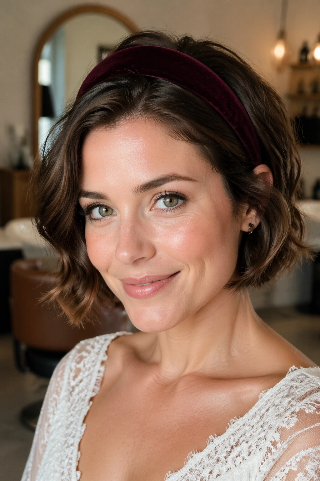Close-up of real woman with velvet headband and soft waves in short bob