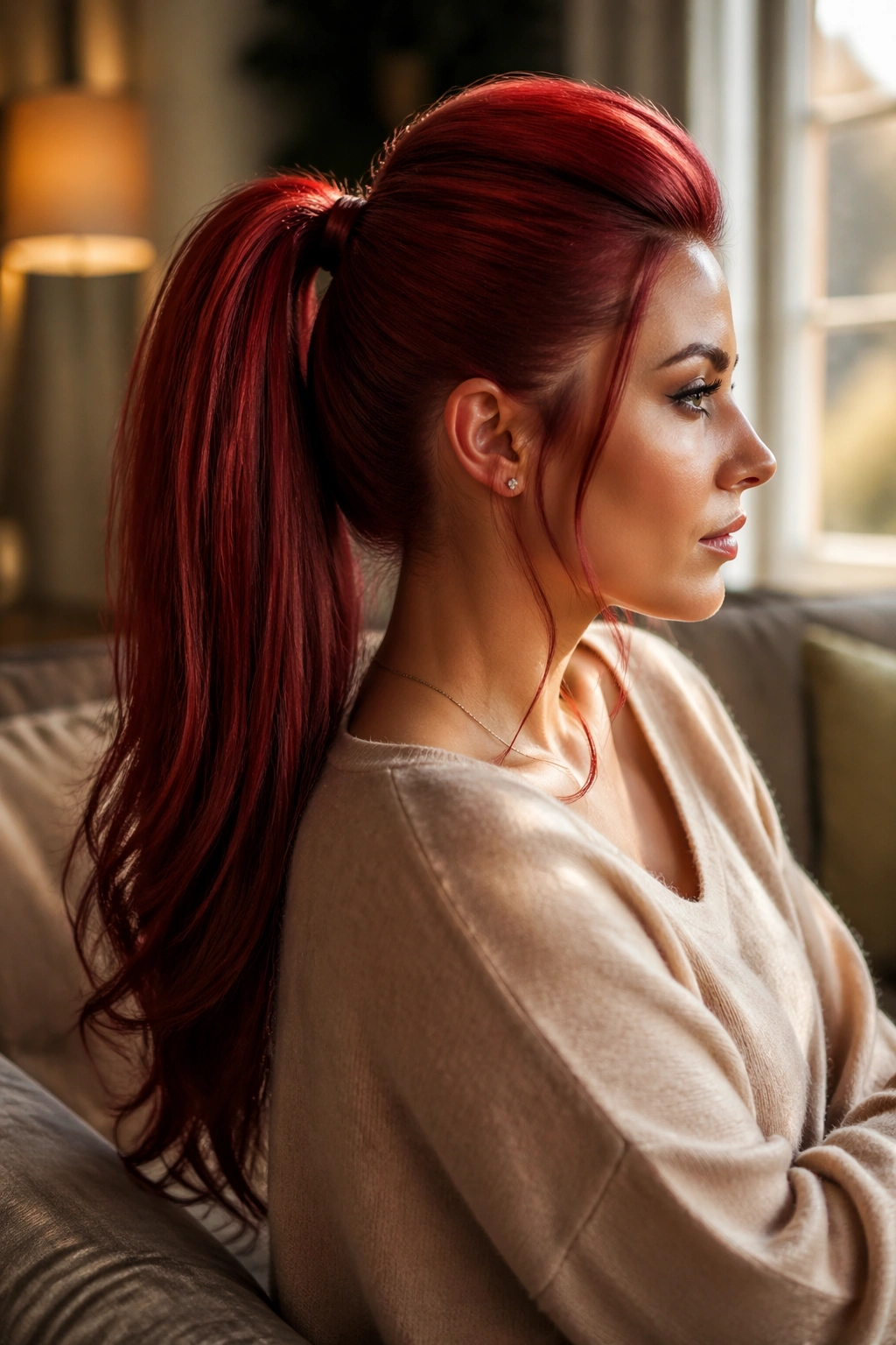 Velvet red ponytail side profile with teased crown