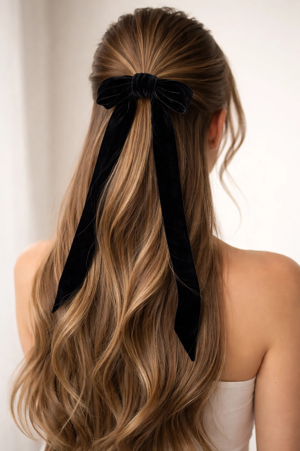 Half-up hairstyle with velvet ribbon wrapped at ponytail base