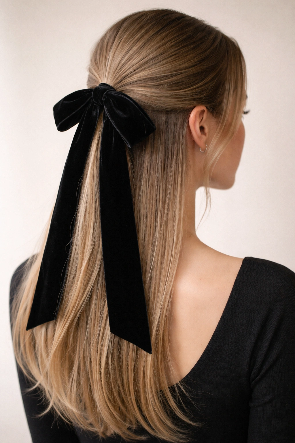 Half-up ponytail with velvet ribbon tied over elastic on straight hair