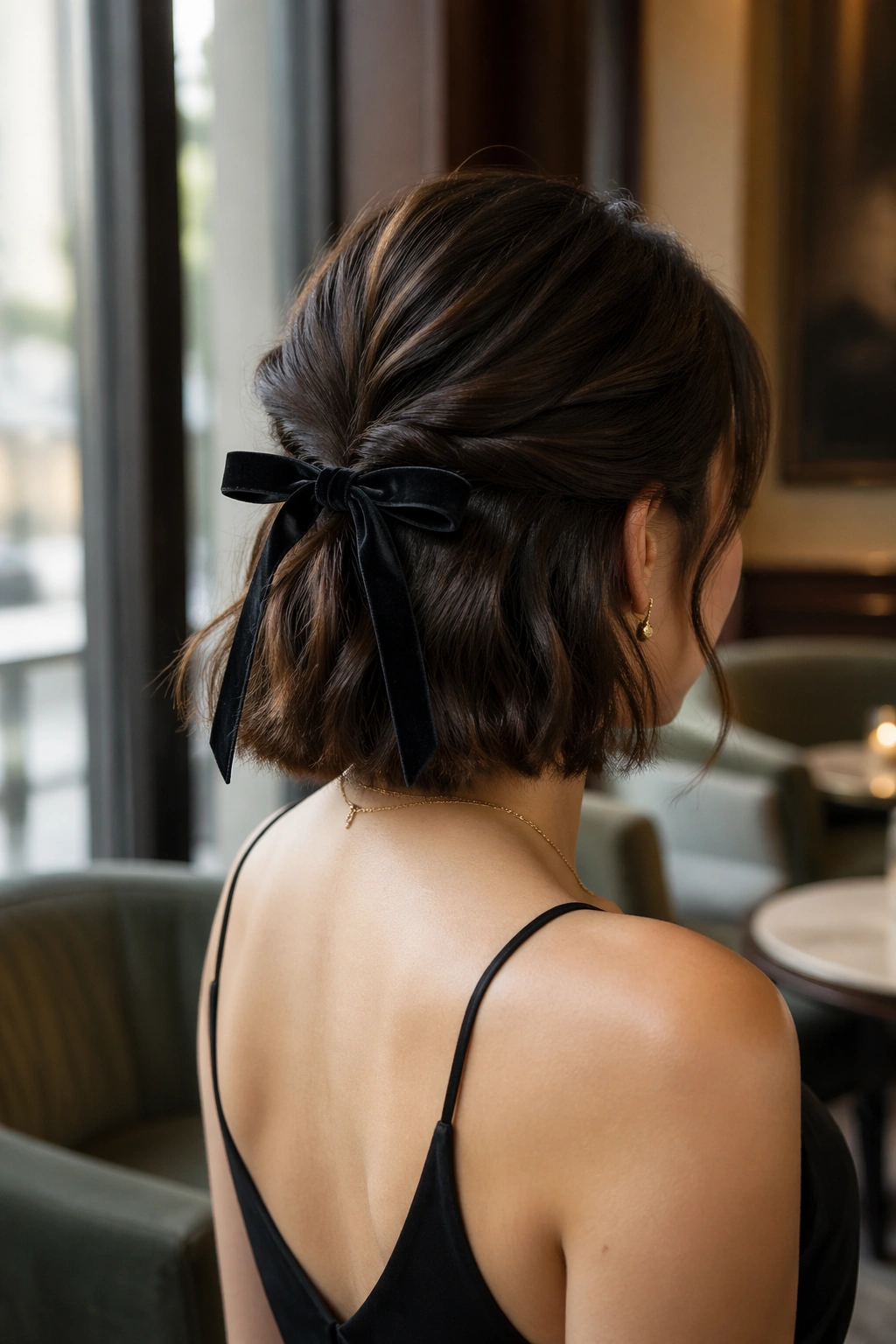 Three-quarter rear view of a real woman with velvet ribbon bow on half-up hairstyle