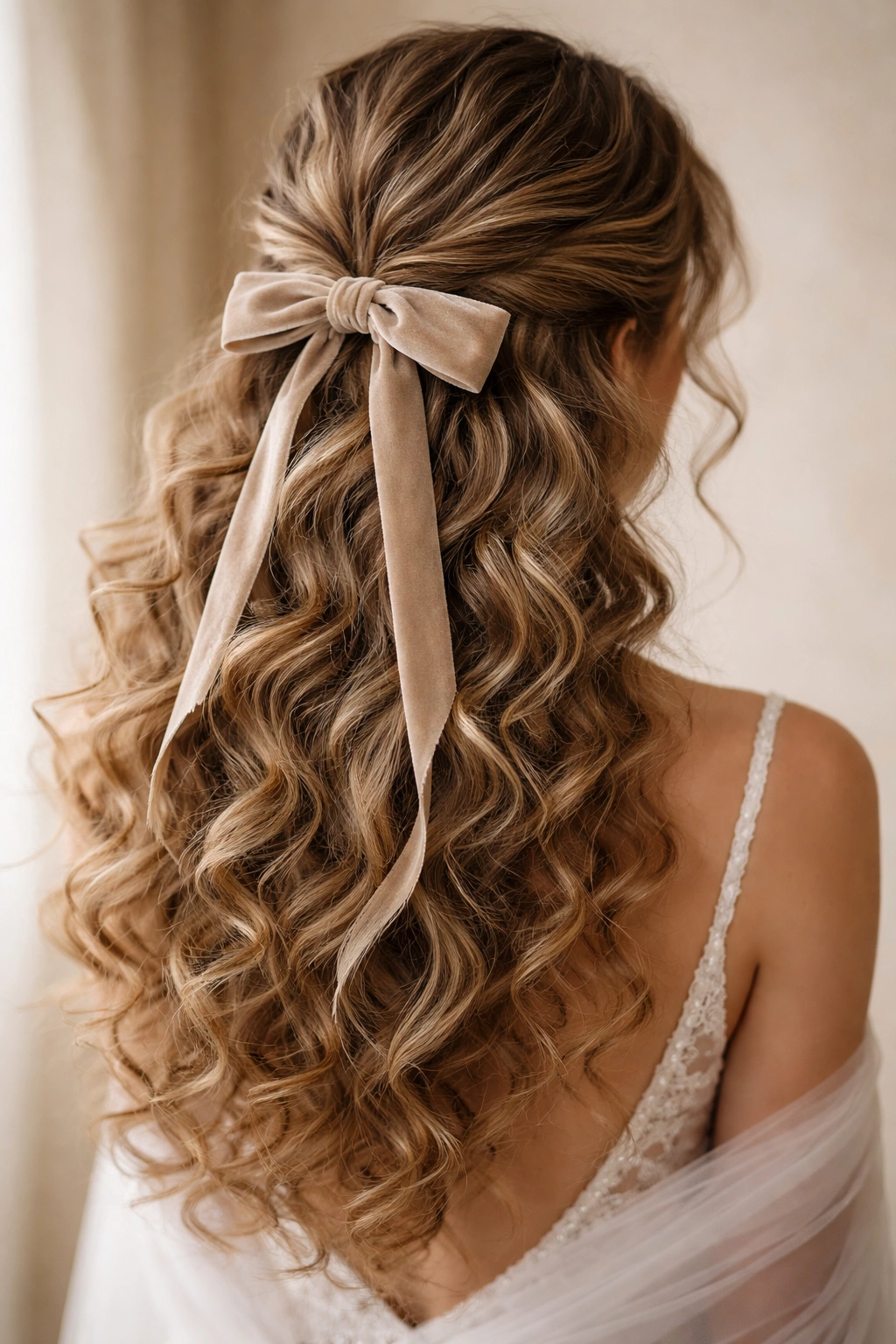 Velvet ribbon tied in a half-up hairstyle with curls visible