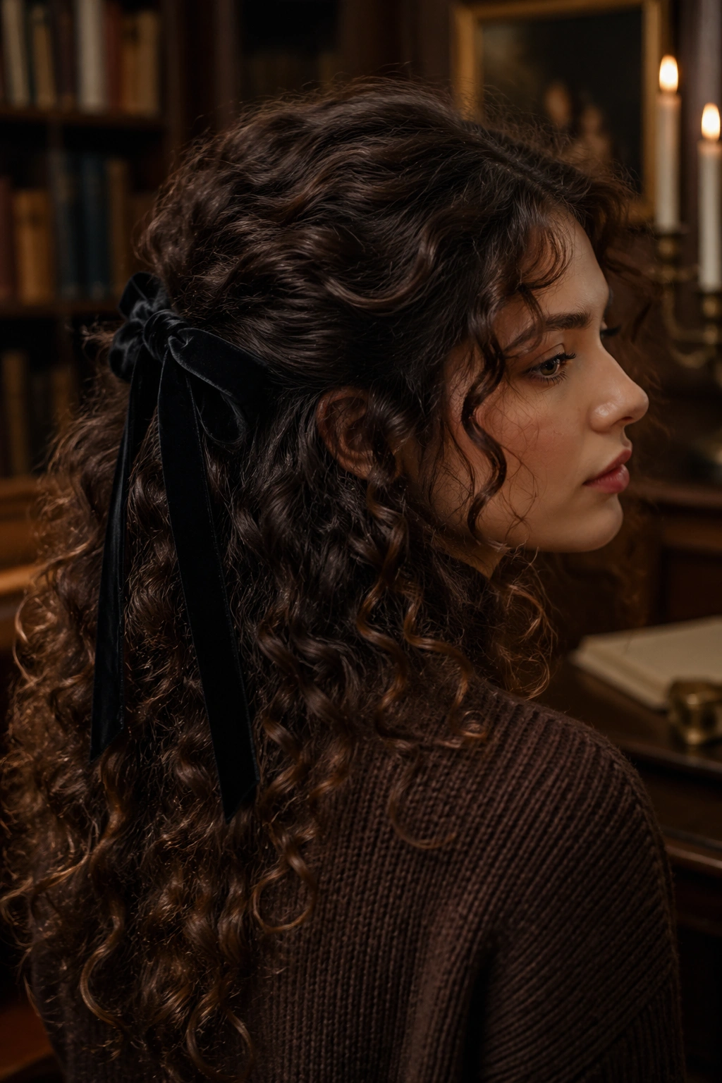 Portrait of woman wearing velvet ribbon half-up crown in warm study lighting