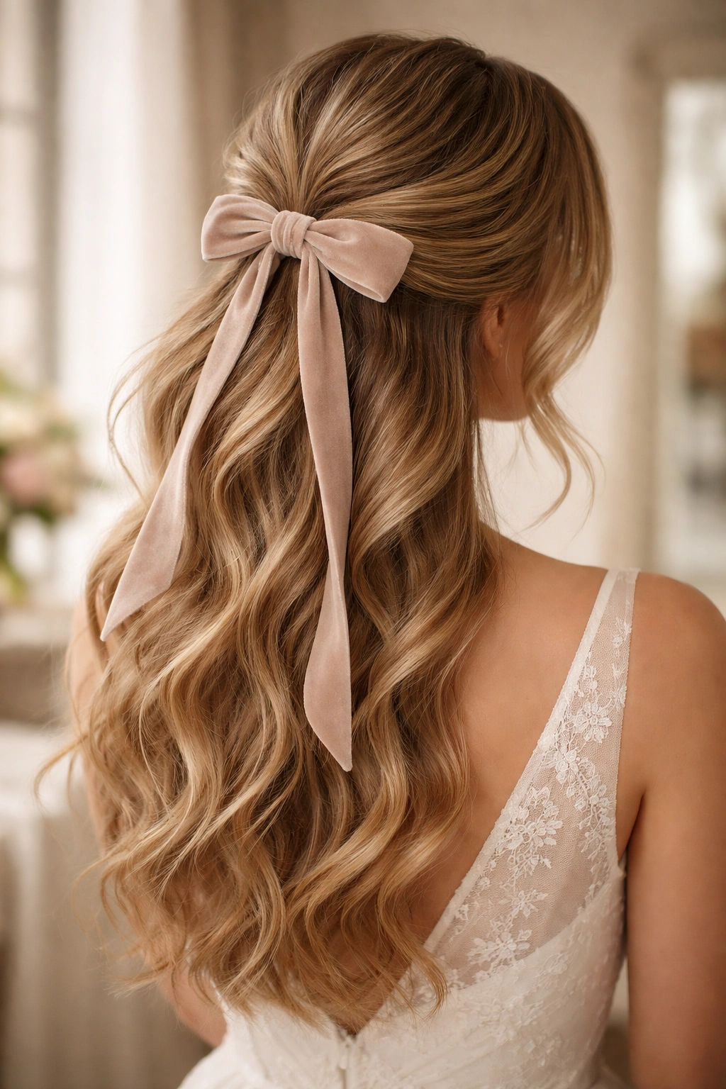 Close-up of velvet-ribbon half-up hairstyle on a real woman
