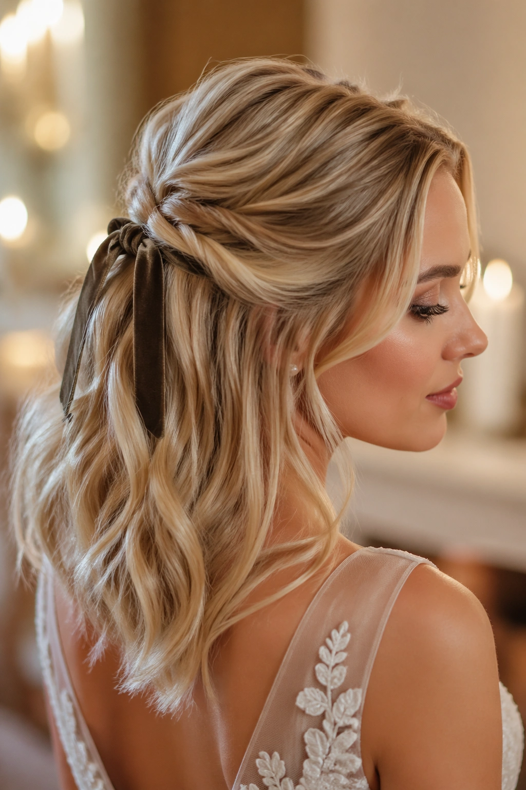 Bride with velvet ribbon half-up hairstyle and romantic volume.