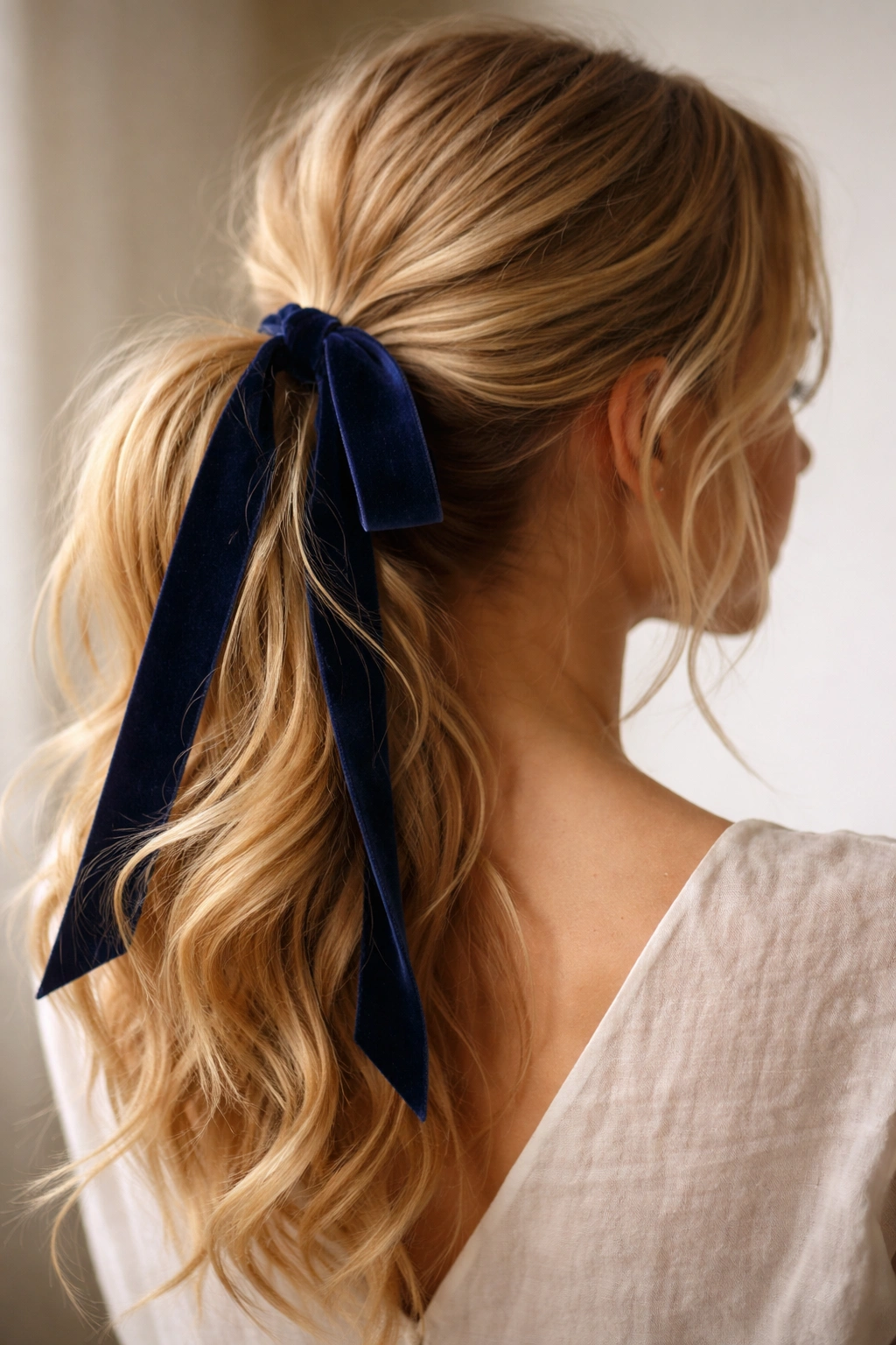 Ponytail with velvet ribbon accent on blonde hair