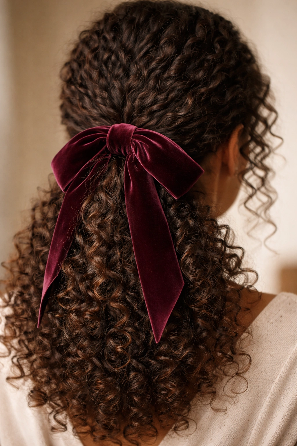 Low ponytail with velvet ribbon wrapped around elastic on curly hair