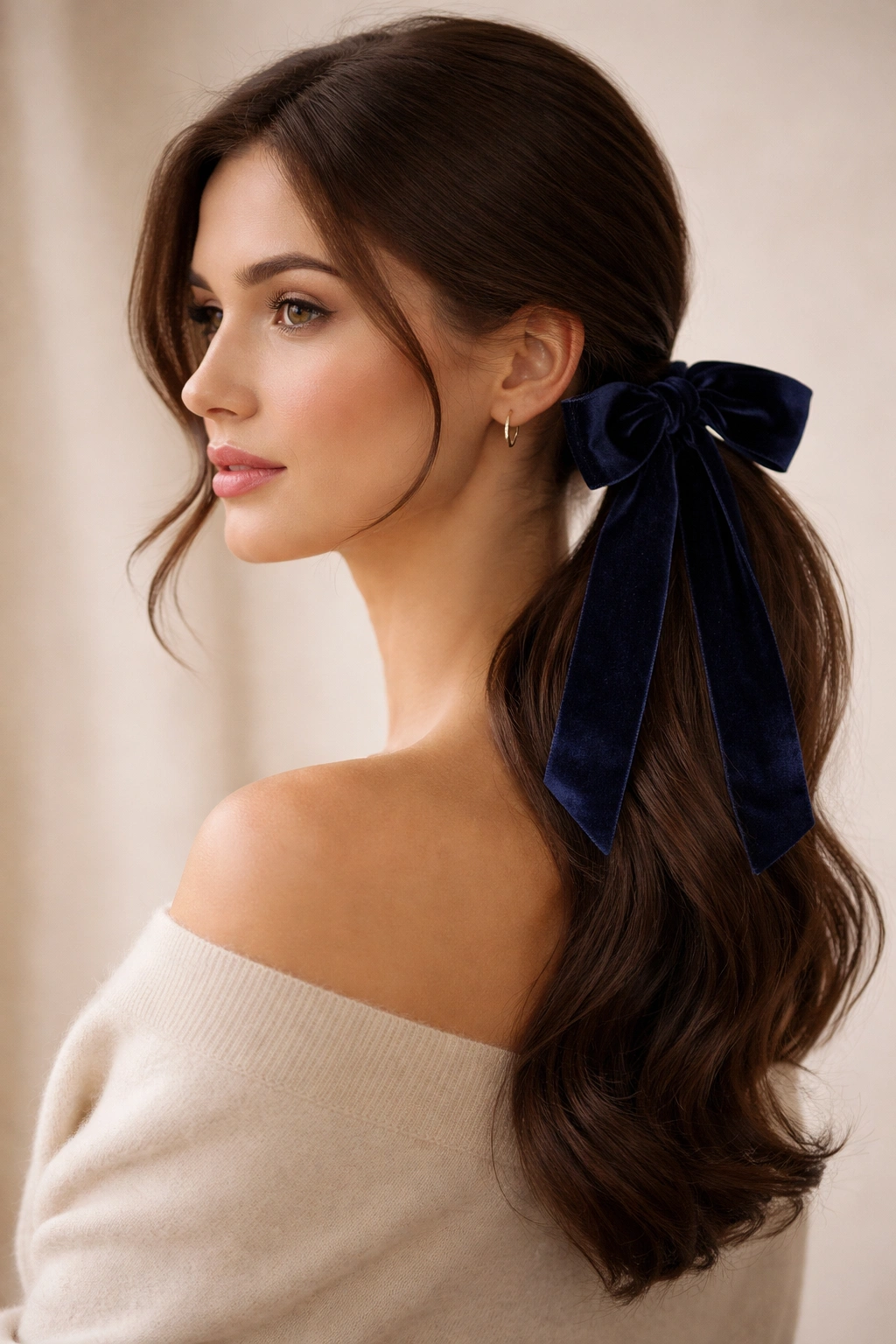 Close-up of side ponytail tied with a navy velvet ribbon bow