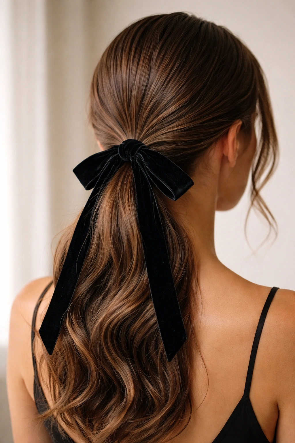 Close-up of a sleek low ponytail with velvet ribbon bow