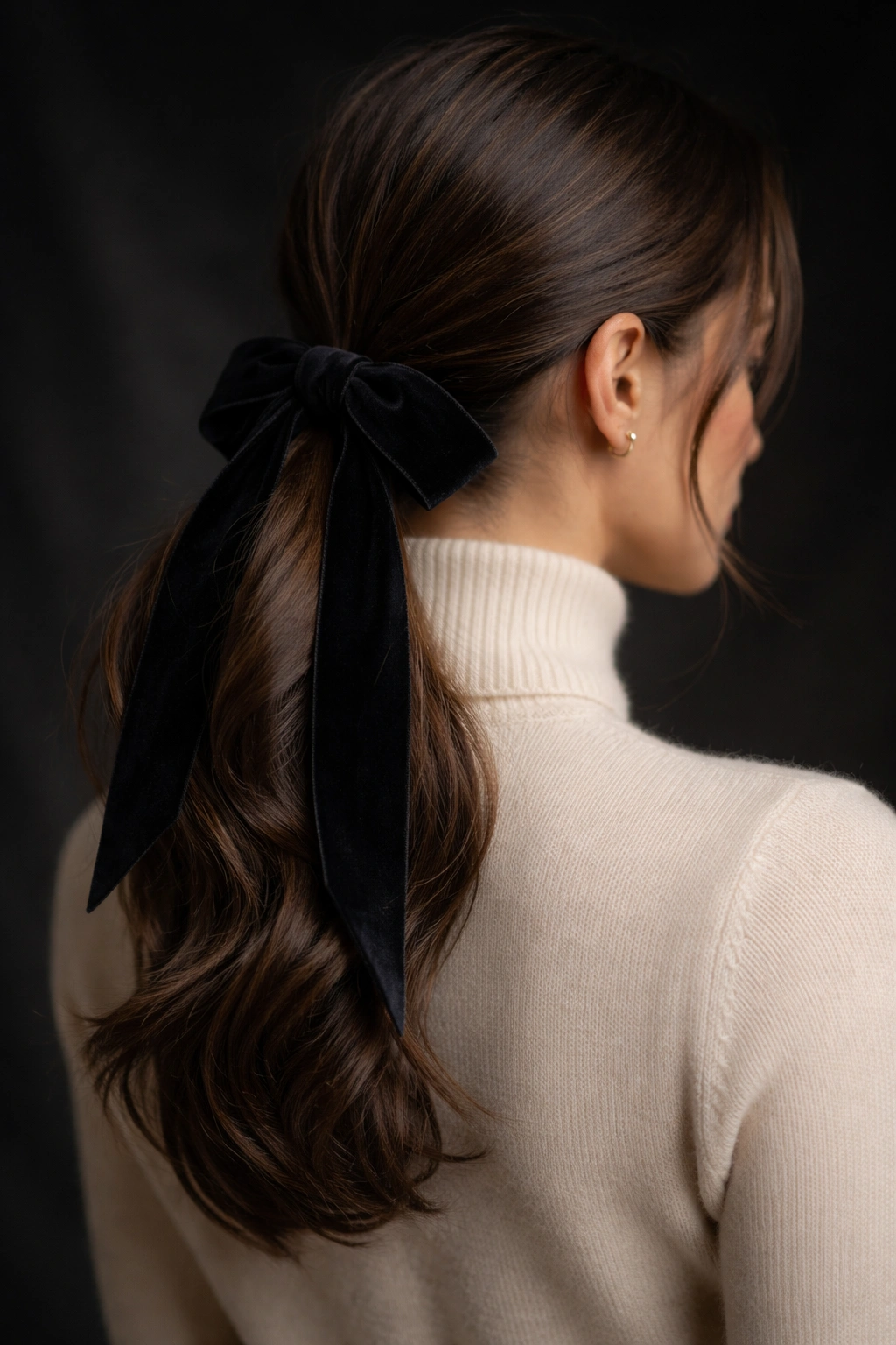 Low ponytail with velvet ribbon wrapped around elastic