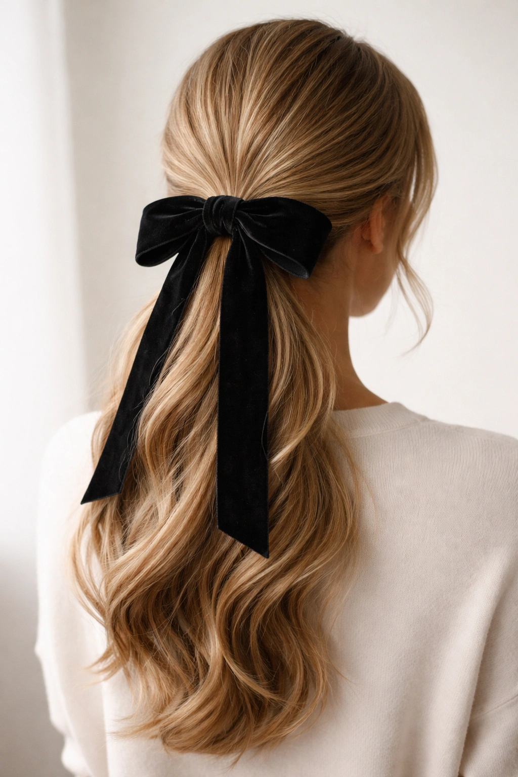 Low ponytail secured with a wide velvet ribbon