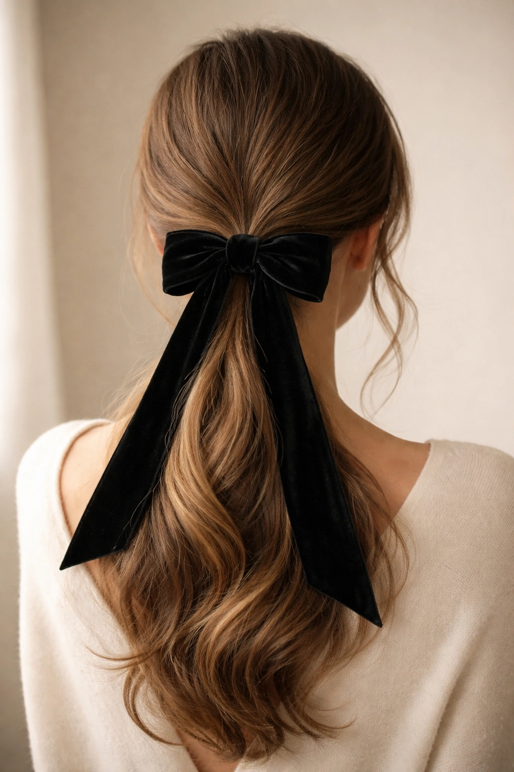 Low ponytail with velvet ribbon tied in a bow at the base