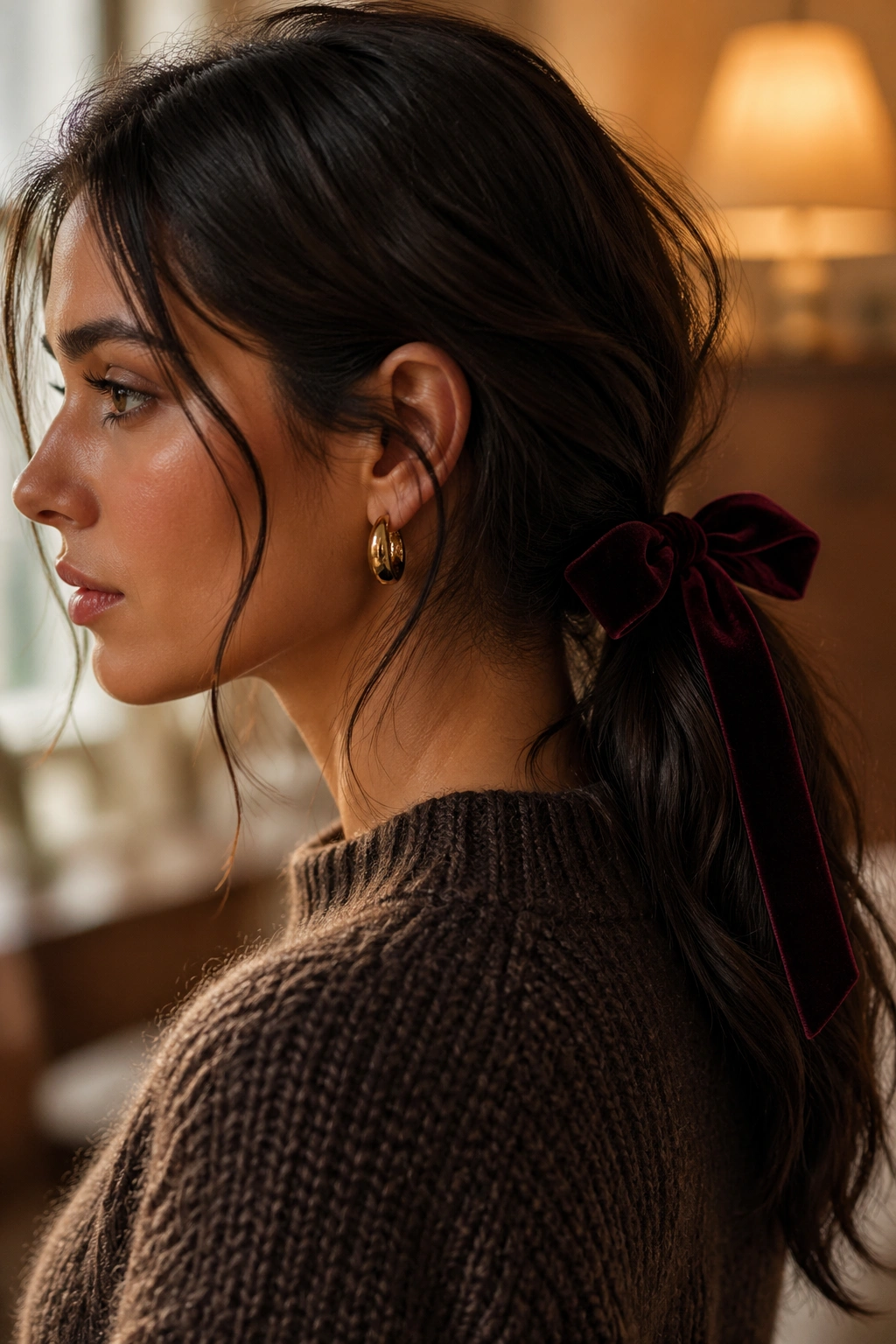 Real woman with velvet ribbon in a low ponytail, textured look