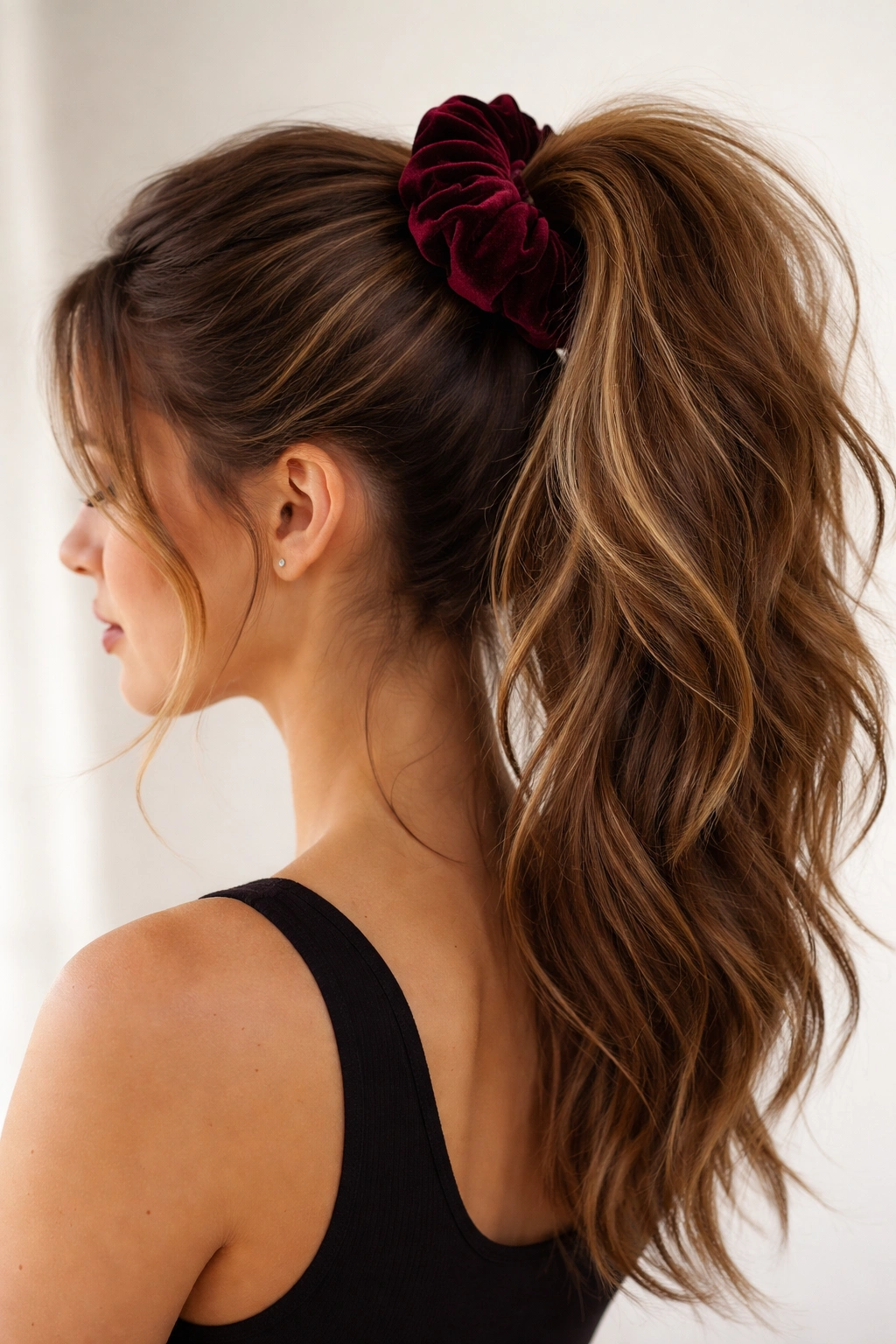 High ponytail secured with a chunky velvet scrunchie, thick hair