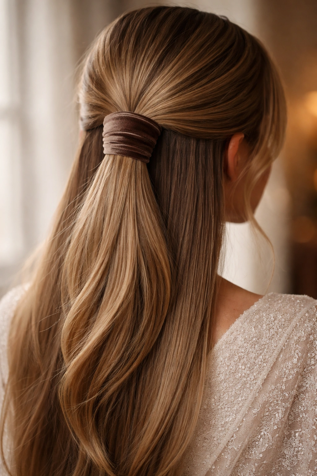 Half-up ponytail with velvet ribbon wrap on straight hair
