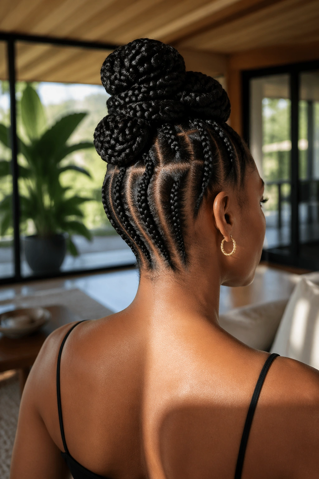 Rear three-quarter view of a real woman with vertical stacked cornrows forming a layered updo.